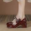 Red Thick Heel Mary Jane Single Shoes Women's Head Retro High Heel French Temperament Versatile Shallow Mouth Spring Popular Wedding Shoes