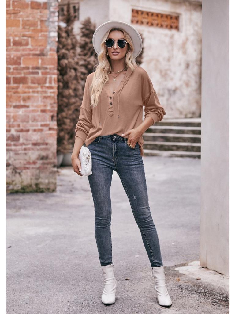 2024 New Autumn Winter Hooded Sweatshirts Women Fashion Buttons V-neck Long Sleeve Pullovers Ladies Casual Loose Hoodies