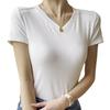 Popular Summer V-neck Front Shoulder Short-sleeved T-shirt for Women's Fish Bone Slim Solid Color Trendy Brand Basic Model Modal Top