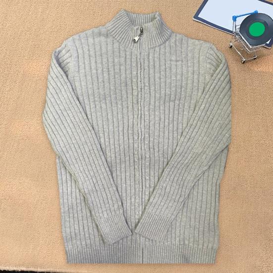 Fall Winter Men Coat Zipper Closure Knitted Cardigan Stand Collar Long Sleeves Solid