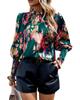 Green Abstract Print Smocked Cuffs Frilled Neck Blouse