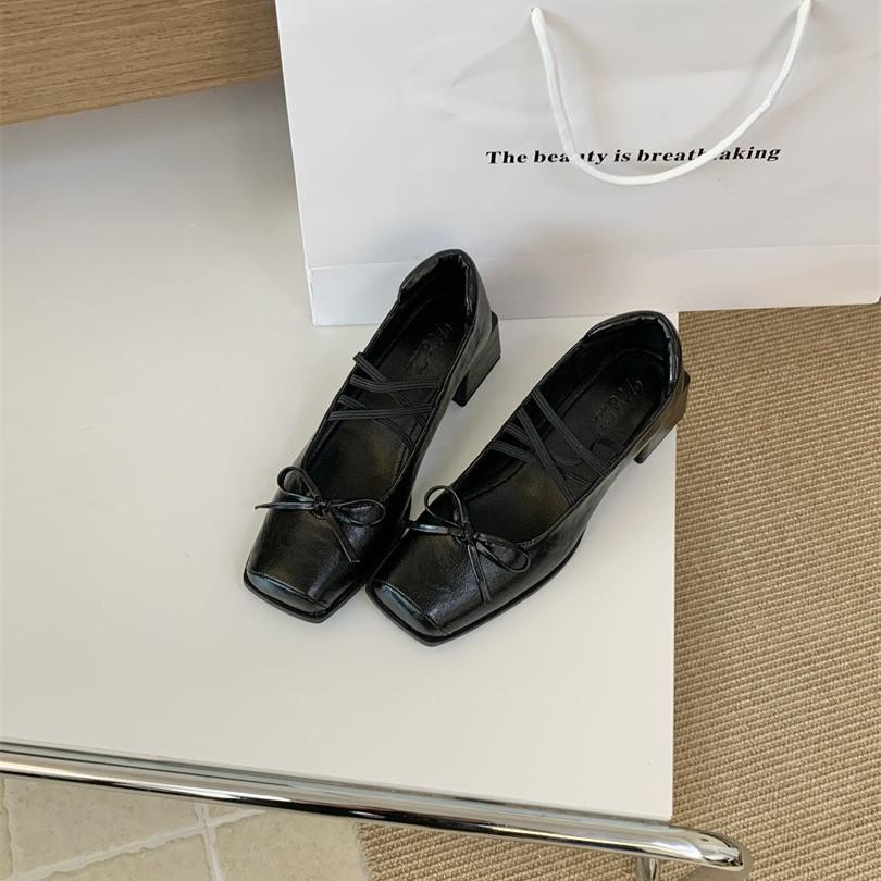 2025 Spring and Autumn New Niche Design Bow Ballet Shoes Square Head Thick Heel Mary Jane Shoes Single Shoes Leather Shoes