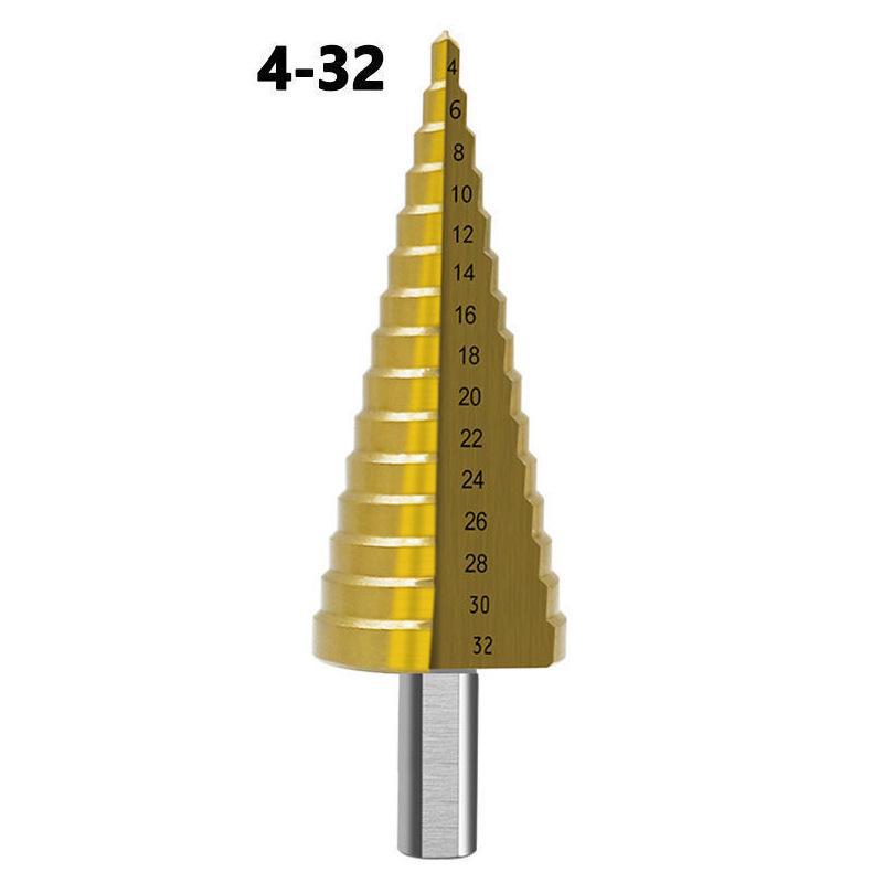 High-speed Steel Titanium-plated Step Drill Set for Hole Enlargement, with Hexagonal Shank and Pagoda Design.