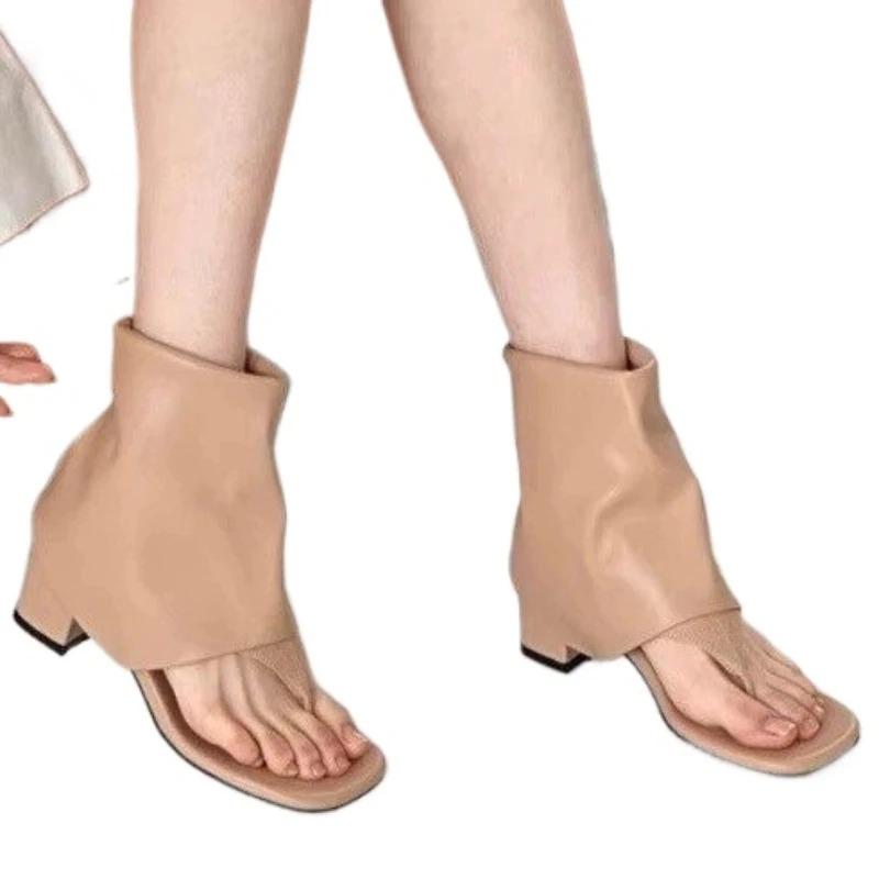 Fashion Women's Shoes 2024 Hot Sale Summer Slip On Women's Sandals Square Toe Solid Cover Heel Open Toe Chunky Heels Roman Thong Sandals