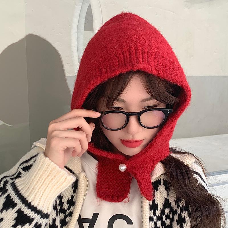 New Year's Red Hat Scarf One Piece Women's Winter Korean Style Warm Knitted Woolen Hat Ear Protecting Balacrafa
