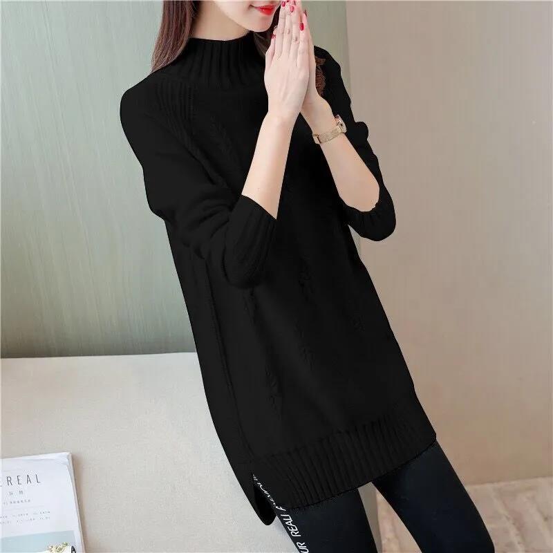 Women's Sweater Mid Length Loose Bottoming Shirt Half Turtleneck Large Size Knit Sweater Top