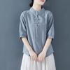 Vintage Literature and Art Plate Button Stand Collar Cotton Linen Jacquard Shirt Women's Summer Wear Versatile Pullover Linen Five Sleeve T-shirt Top