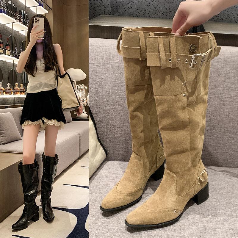 Boots Women's Summer 2025 New Big Tube Circumference High Boots Pointed Thick Heel Pile Boots Western Cowboy Knight Boots