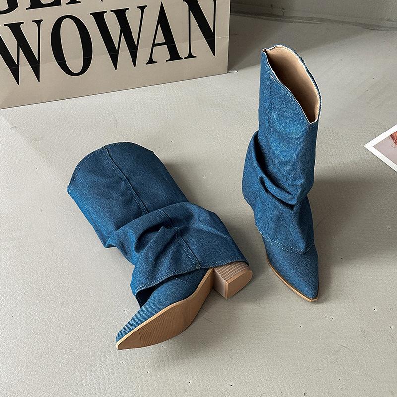 European and American Fashion Temperament Pointed Niche Western Cowboy Boots Women's 2025 New Summer Fringed Pants Tube Boots Thick Heel