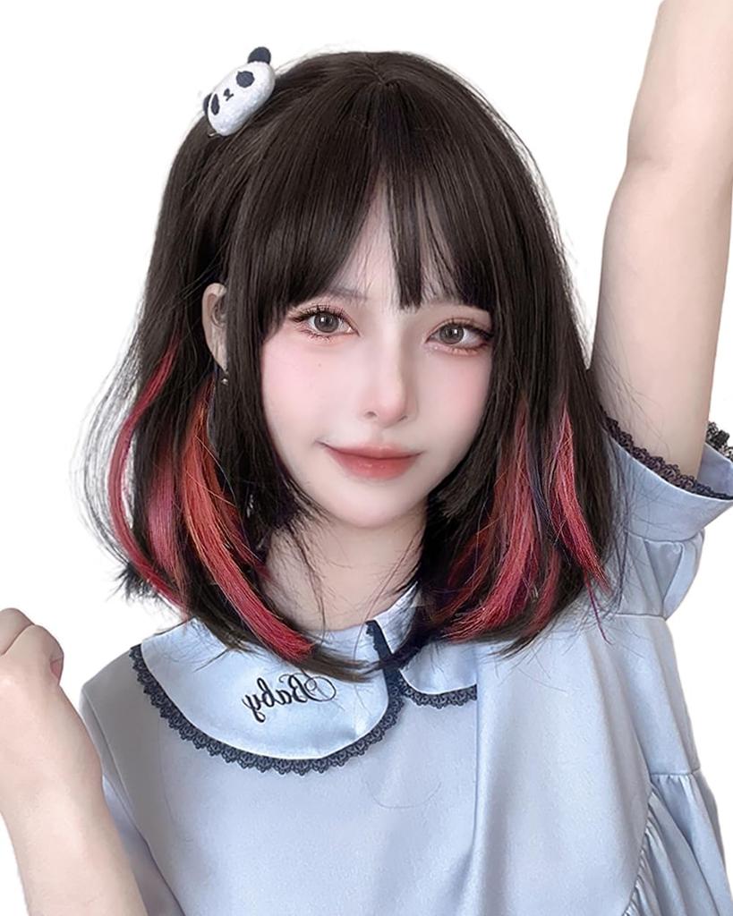 Vigorous Black Full Heat Small Everyday With Wig, Semi-Long, Medium, Hair/Pink, Crossdressing, Wig, Resistant, Natural, Cute, Face, Wig, Net,
