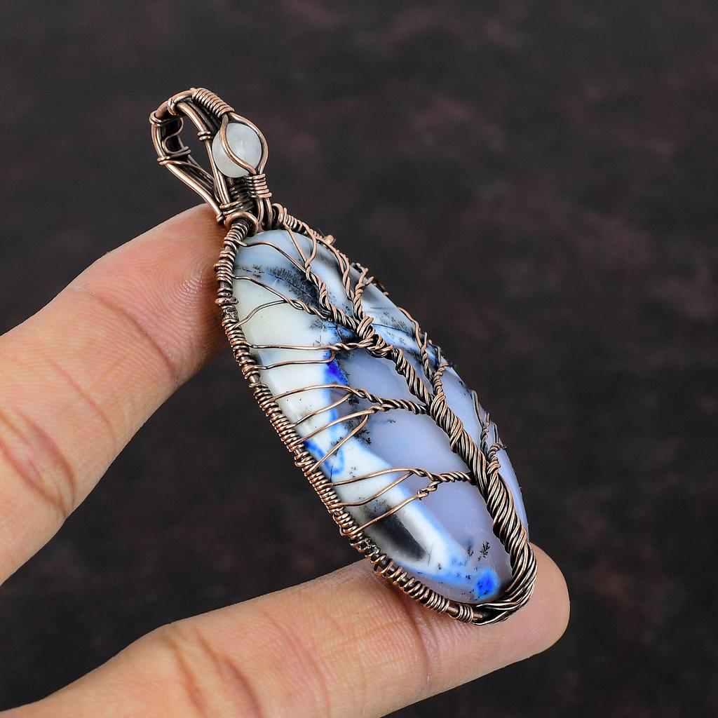 Подвеска из голубого дендрита и опала «Дерево жизни», обернутая медной проволокой, подвеска из драгоценного камня с радужным лунным камнем, медная бижутерия, подвеска ручной работы, подарок для мамы