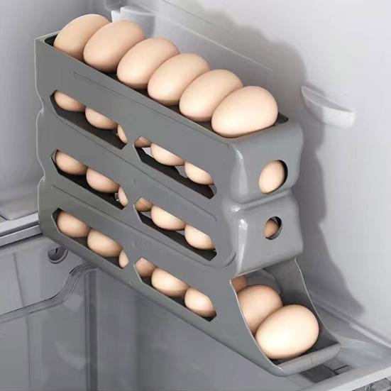 Fridge Egg Storage Box Four Tiers Automatic Rolling Large Capacity Space-Saving 30 Egg Organizer Refrigerator Side Door Egg Dispenser