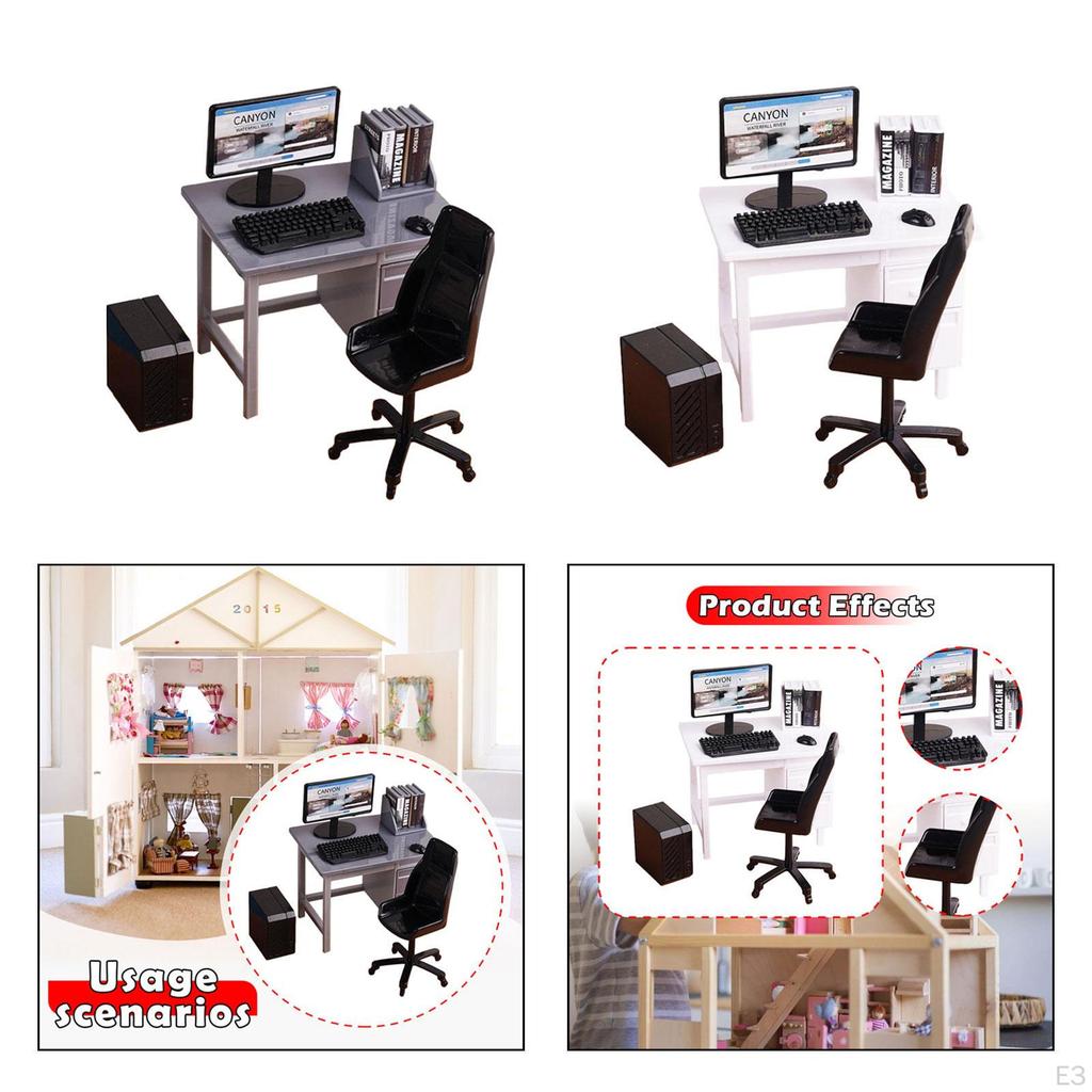 1/12 Computer Desk and Chair Miniature Gaming Table with Keyboard Model for Decoration