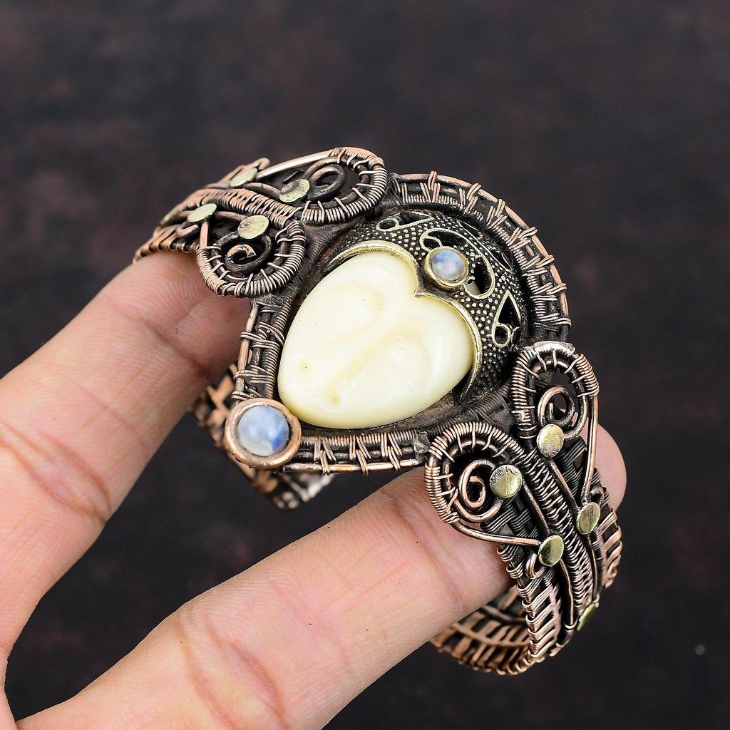 White Carved Bone Face Cuff Bracelet Copper Wire Wrapped Gemstone Bangle Adjustable Cuff Bracelet Moonstone Bangle Handmade Copper Jewelry