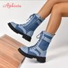 Fashion Aphixta Retro Lace Up Women Boots Side Zip Modern Boots Women Boots Blue 4CM Square Heel Lady Footwear Shoes Botas Mujer Botines