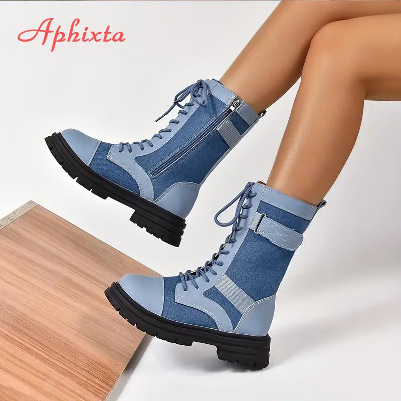 Fashion Aphixta Retro Lace Up Women Boots Side Zip Modern Boots Women Boots Blue 4CM Square Heel Lady Footwear Shoes Botas Mujer Botines
