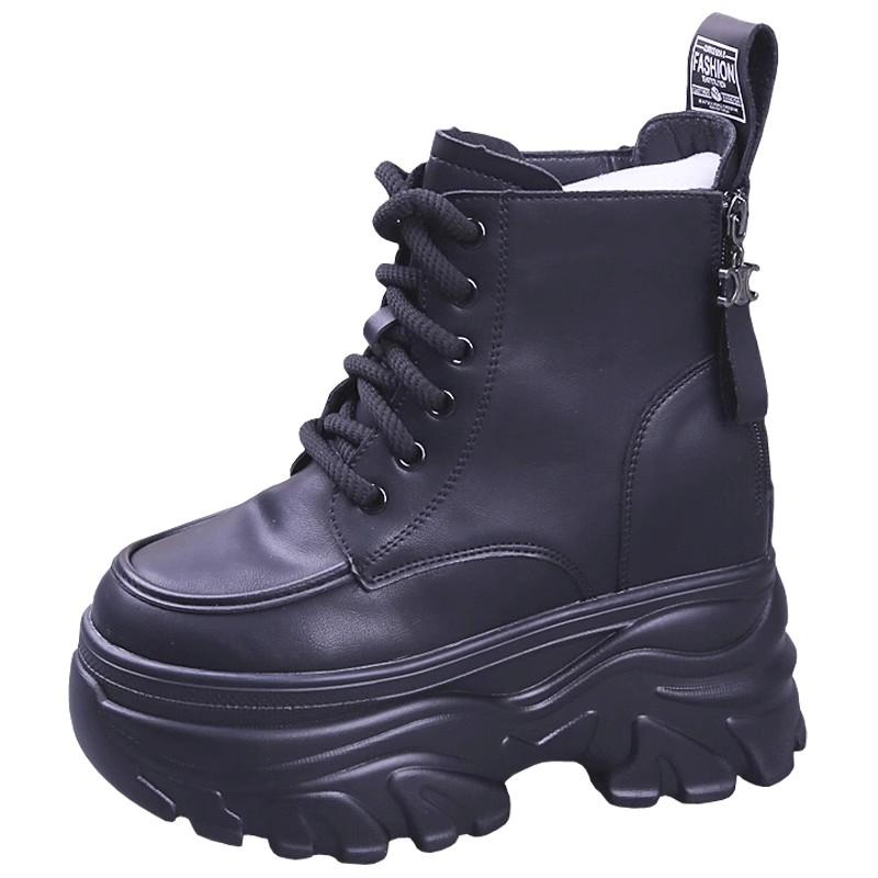 Ankle Boots for Women New Winter Motorcycle Boots 12CM Wedge Heels High Platform Leather Shoes Woman Autumn Thick Sole Boot