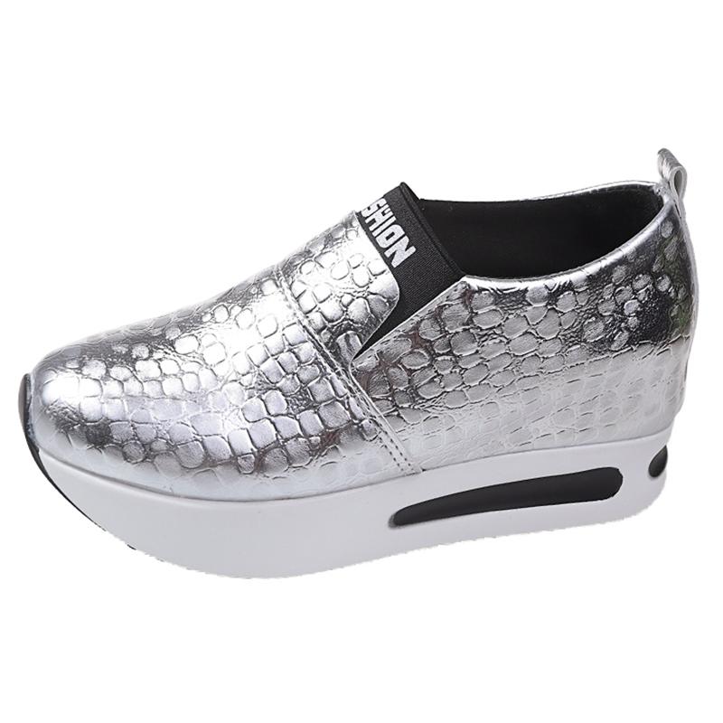 Silver Gold Snake Pattern Sneakers Women 2024 Spring Slip On Height Increase Sneaker Woman Plus Size Pu Leather Loafers Shoes 42