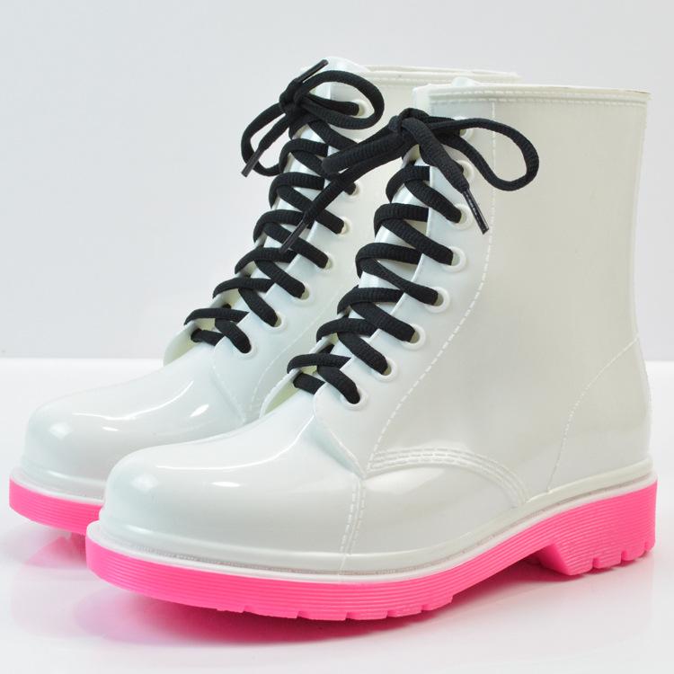 Rain Boots Fashion Ladies Flat-heel Solid Color Rain Boots Water Shoes Lace-up Warmth Mid-Calf Rain Boots Platform Shoesf