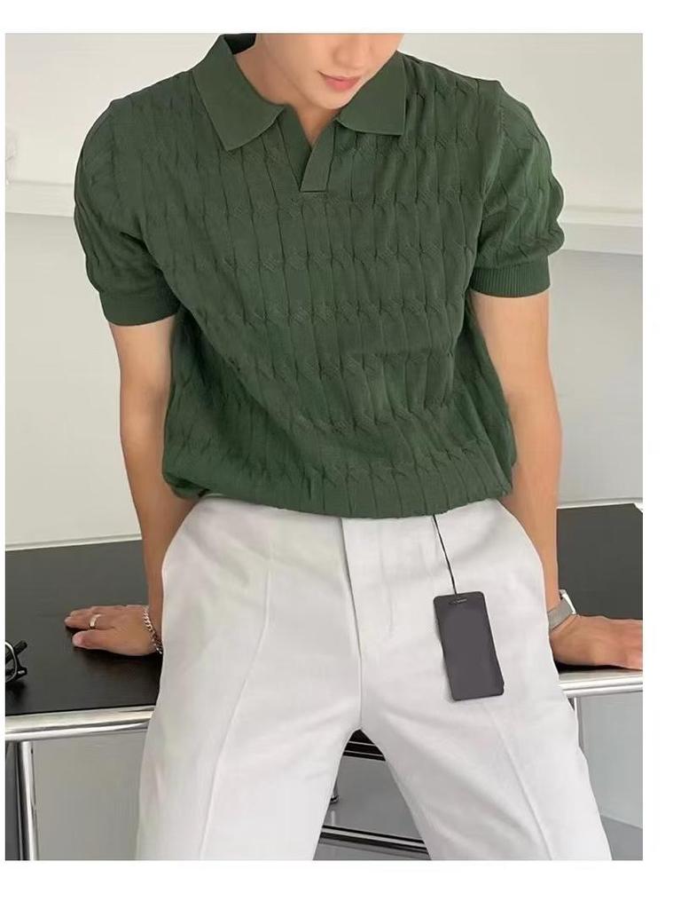 Men's Summer Korean Style Slim Fit Knitted Polo Shirt - Short-Sleeve, Solid Color, Ice Silk, Turn-Down Collar