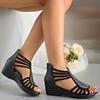 Wedge Heel Sandals Women's Spring Summer New Muffin Middle Heel Fish Mouth Rhinestone Hollowed Out Rear Zipper Shoes