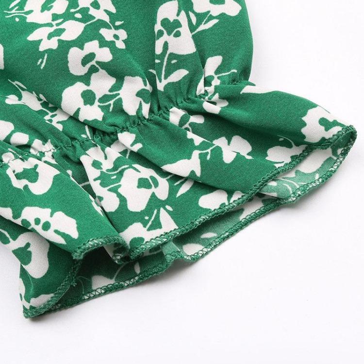 Women Summer Green Floral Print Pleated Dress Short Sleeve O Neck Lace Up