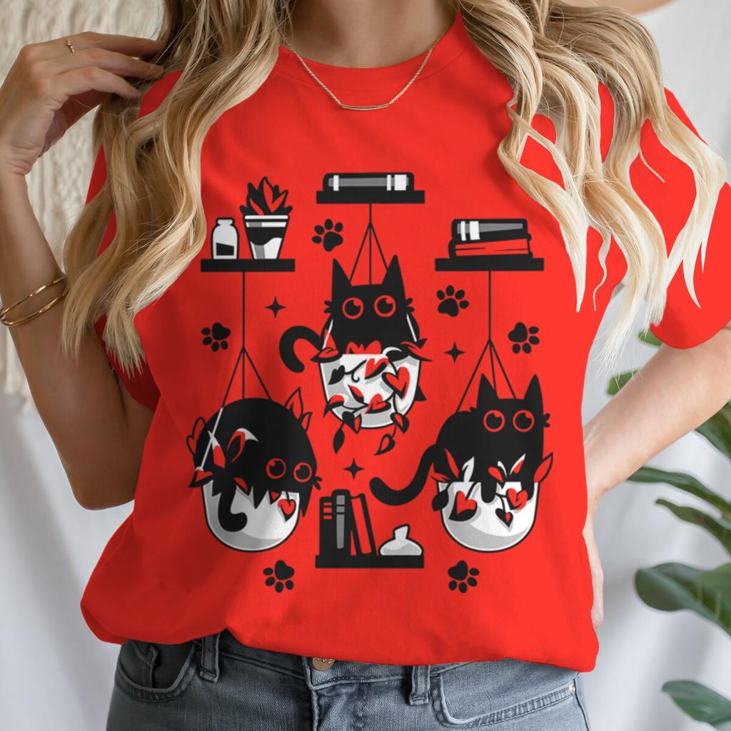 Women T-shirts New Ladies Casual Female Clothes Tops Black Cat Books Print Ladies Tees Tshirt Cartoon Graphic T-Shirt Clothing