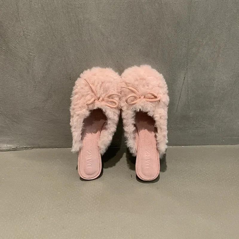 Fashion Women Fashion Elegant Round Toe Lamb Hair Slippers Winter Outdoor High Heel Banquet Plush Shoes Female Zapatillas Mujer