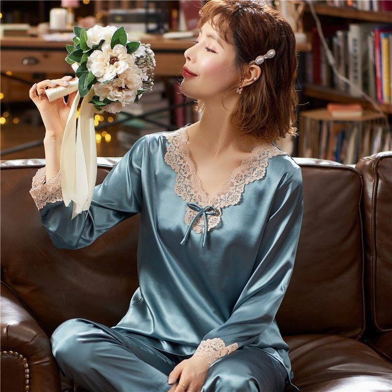 Spring and Autumn Ice Silk Long-sleeved Thin Women's Pajamas Sexy Korean Style Cute Spring and Summer Plus Size Two-piece Suit