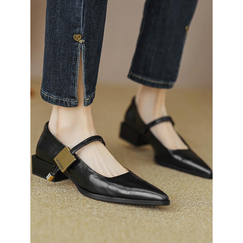 2025 Spring High-end Pointed Mary Jane Metal One-word Buckle Retro Light Mouth Thick Heel Single Shoes Women