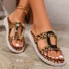 Women's Shoes 2024 Summer High Quality Open Toe Ladies Slippers Fashionable Leopard Color Metal Decoration Flat Beach Shoes