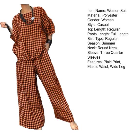 2 Pcs/Set Women Spring Top Pants Set Plaid Print Three-quarter Sleeves Round Neck Split Back T-shirt
