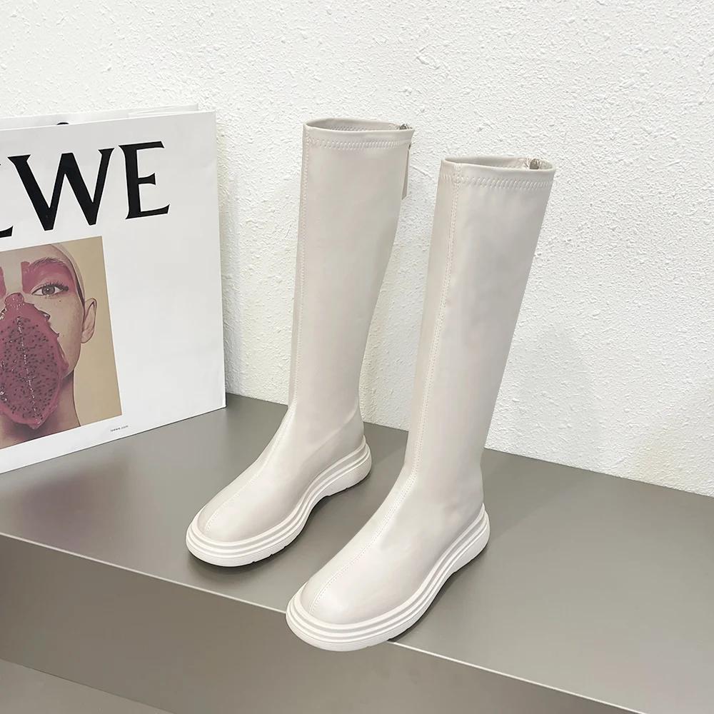 Winter Cotton Women's High Boots Fashion Soft Leather Back Zippers Long Botas Ladies Comfort Short Plush Knee High Booties