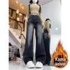Women's Plus Size High Waist Fleece-Lined Wide Leg Jeans - Slimming Retro Style, Straight Floor-Length Pants for Winter 2024.