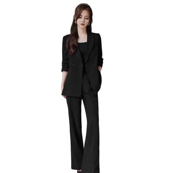3 Pcs/Set Lady Formal Suit Coat Pants Set Turn-down Collar Button Decor Long Sleeves Jacket Loose Pure Color Trousers Casual Commuting Business Outfit