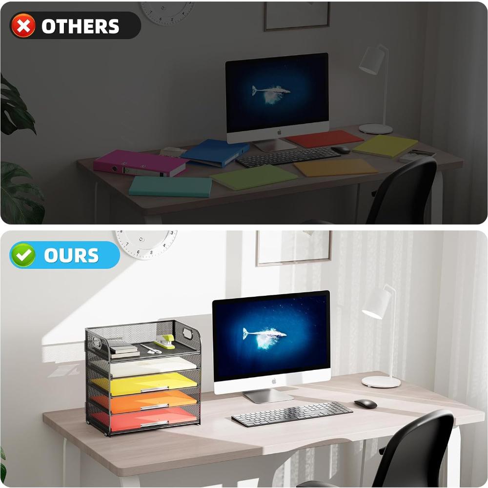 5 Tray Desk File Organizer, Mesh Paper Sorter Letter Tray Organizer with Handle, Desktop File Organizer and Storage for Letter/A4 Office File Folder