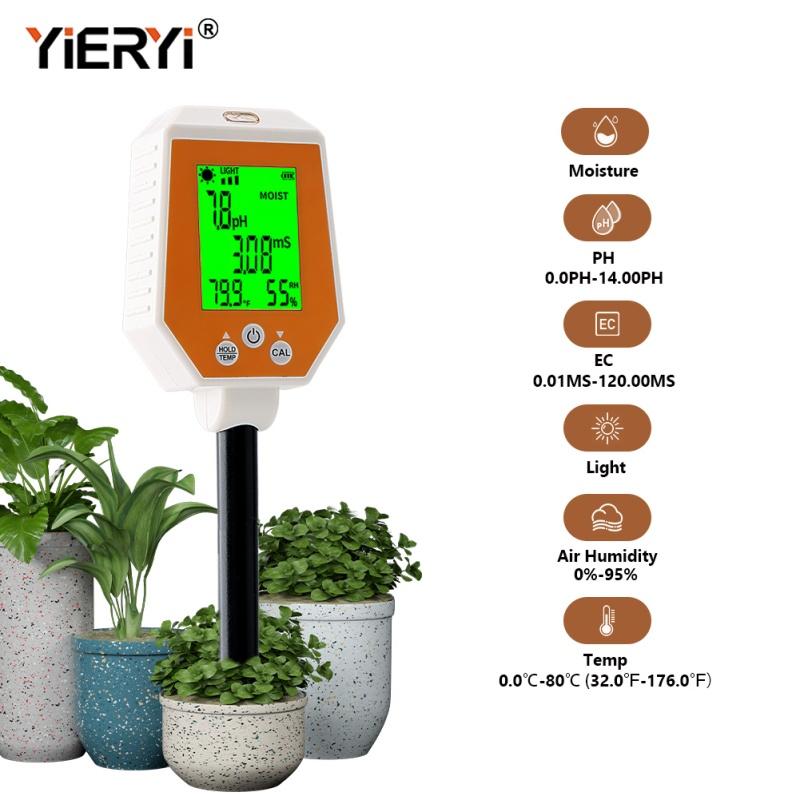 Yieryi 6-in-1 Soil Tester PH EC Moisture Sunlight Air Humidity Temp High Accuracy Conductivity PH Meter for Gardening Farming