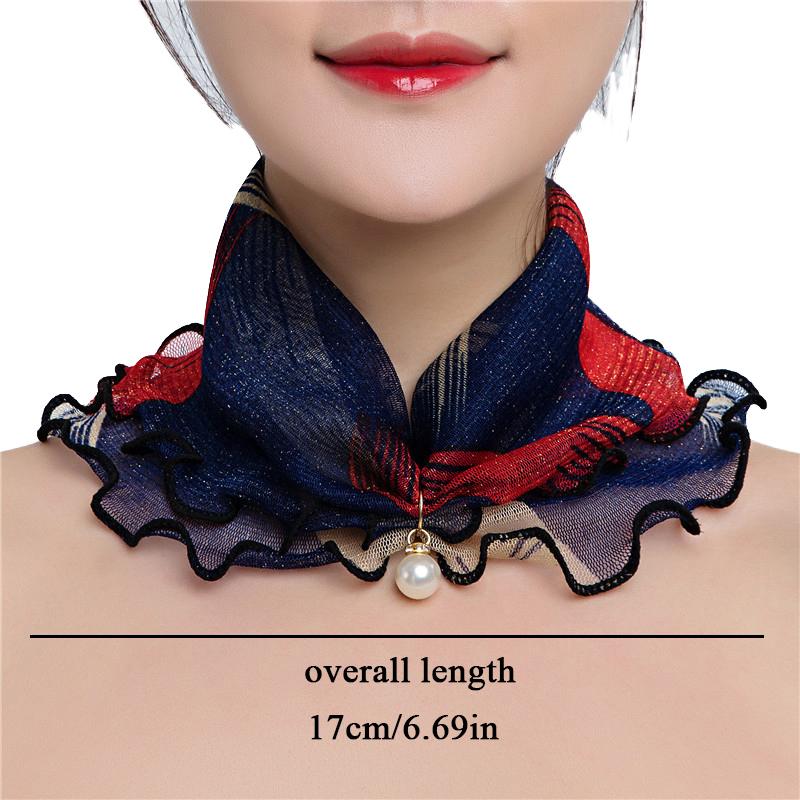 Mesh Pearl Pendant Fake Collar Elegant Printed Women False Collar Ruffle Lace Small Scarf Shiny Headware Dress Accessories