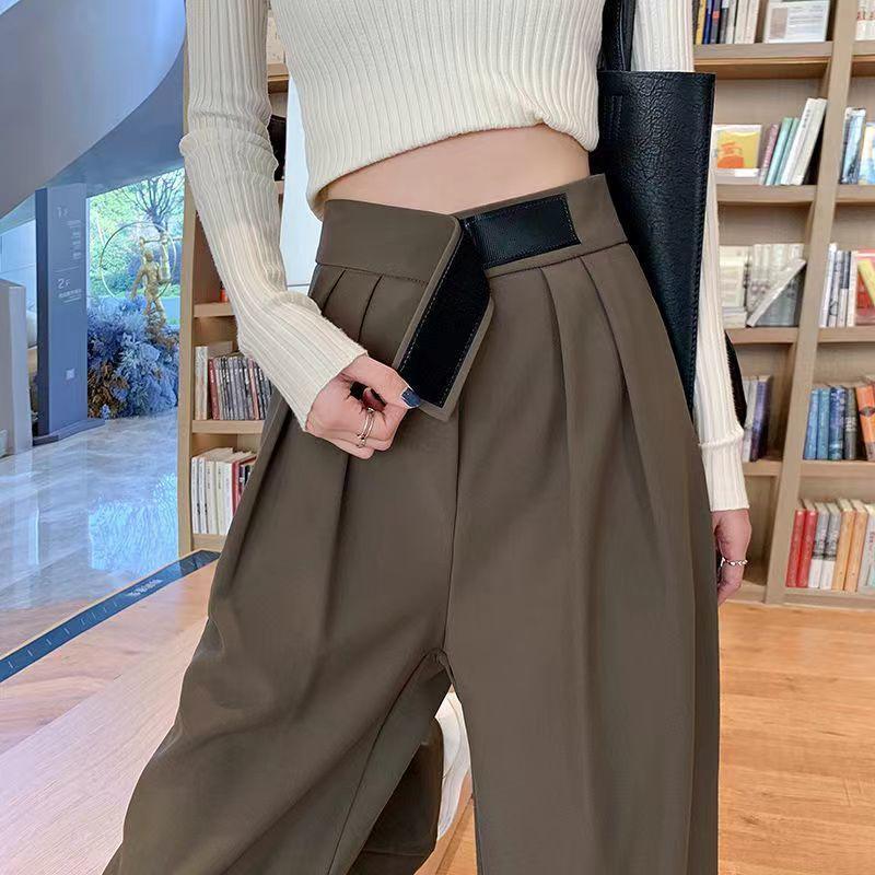 Wide-leg Trousers Women Pants Women Suit Pants Straight Wide Leg Loose High Waist Solid Color Formal Ol Commute Full Length Fasten Tape Adjustable