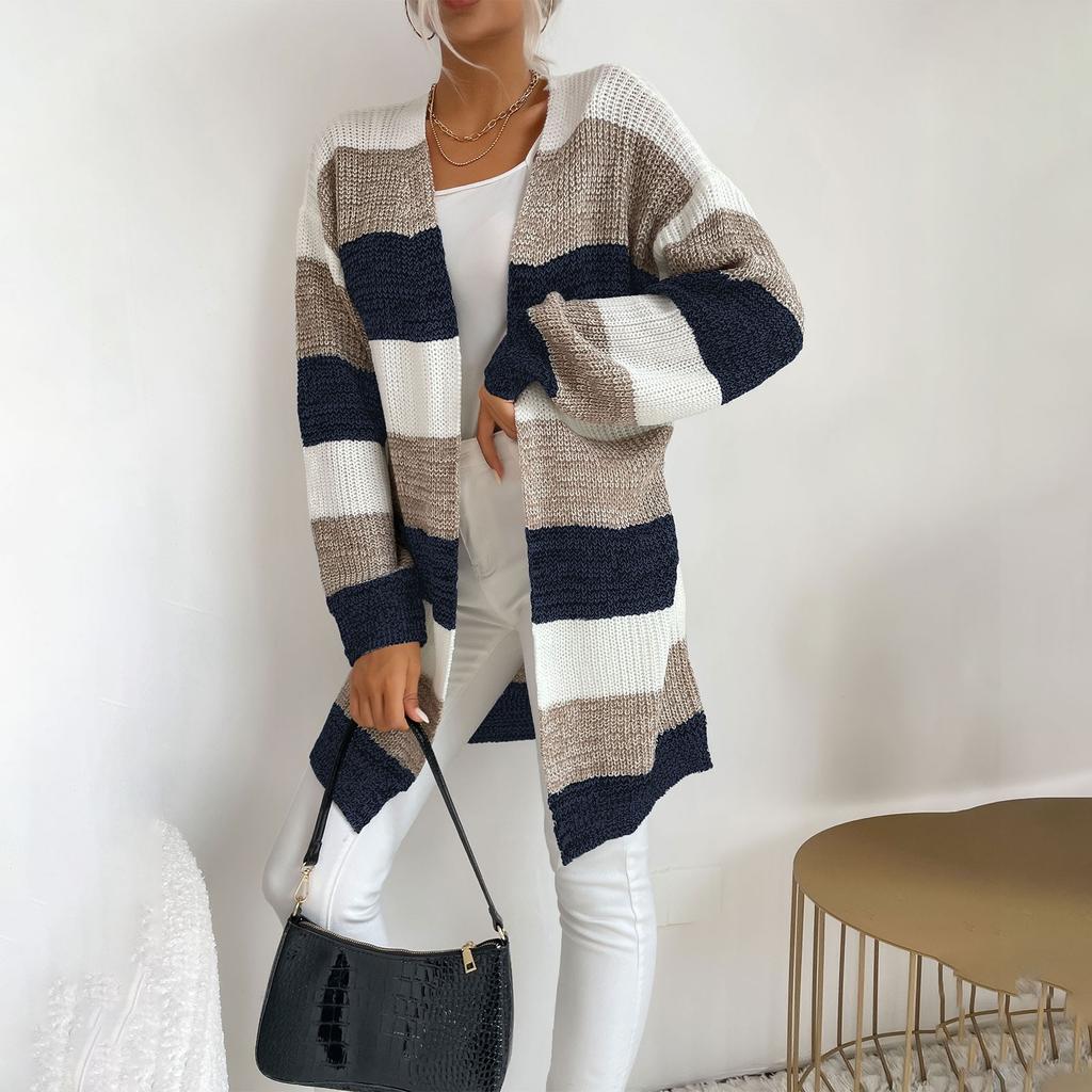 Women's Fashion Loose Early Autumn New Mid-length Knitted Cardigan Japanese Striped Color Matching Sweater Jacket