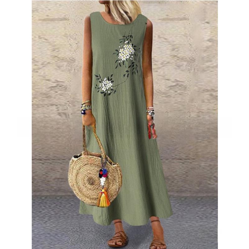 2022 European and American Cotton Linen Sleeveless Round Neck Printed Vest Dress for Women.