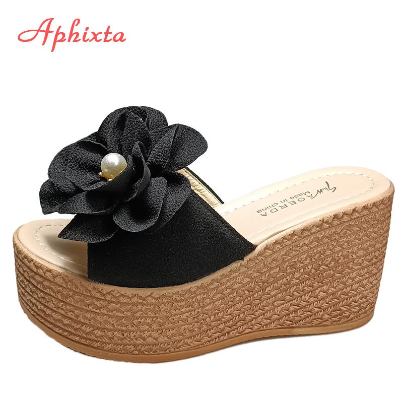 Fashion Aphixta 9cm Heels Slides Pearl Crystals Appliques Shoes Woman Slippers Flip Flops Wedge Heel Platform Woman Beach Zapatos Mujer