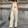 Retro Solid Color Round Neck Lace Up Sleeveless Top Sets Elegant High Waist Loose Wide Leg Pants Suit 2025 Summer Lady High Street Outfits