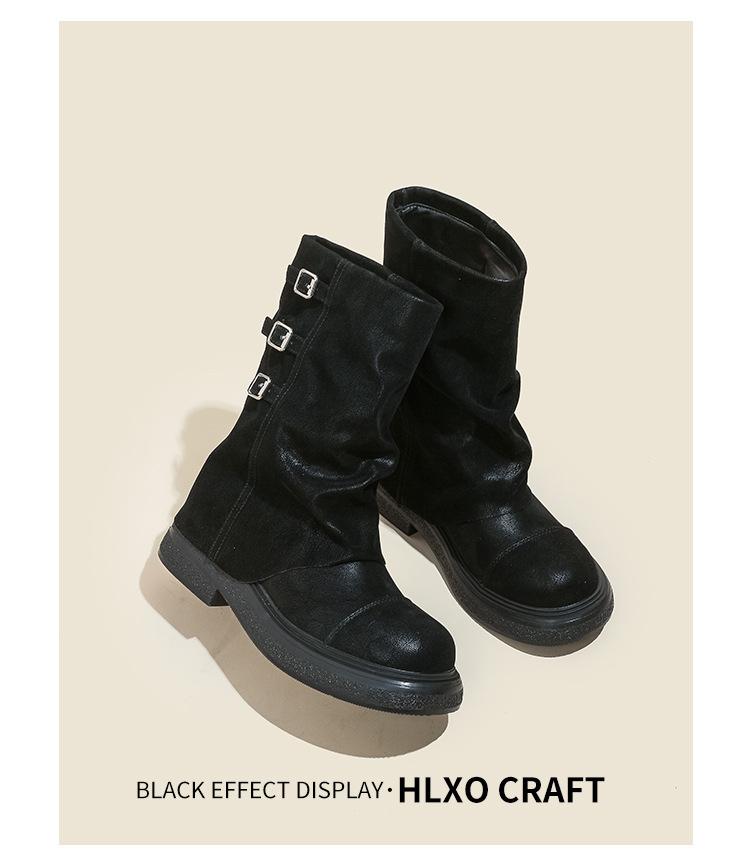 Cowhide Version Punk Thick-soled Western Cowboy Boots Belt Buckle Thick Heel Trouser Tube Boots Spice Girl Versatile Short Martin Boots