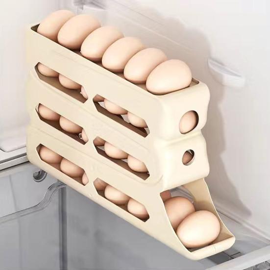 Fridge Egg Storage Box Four Tiers Automatic Rolling Large Capacity Space-Saving 30 Egg Organizer Refrigerator Side Door Egg Dispenser