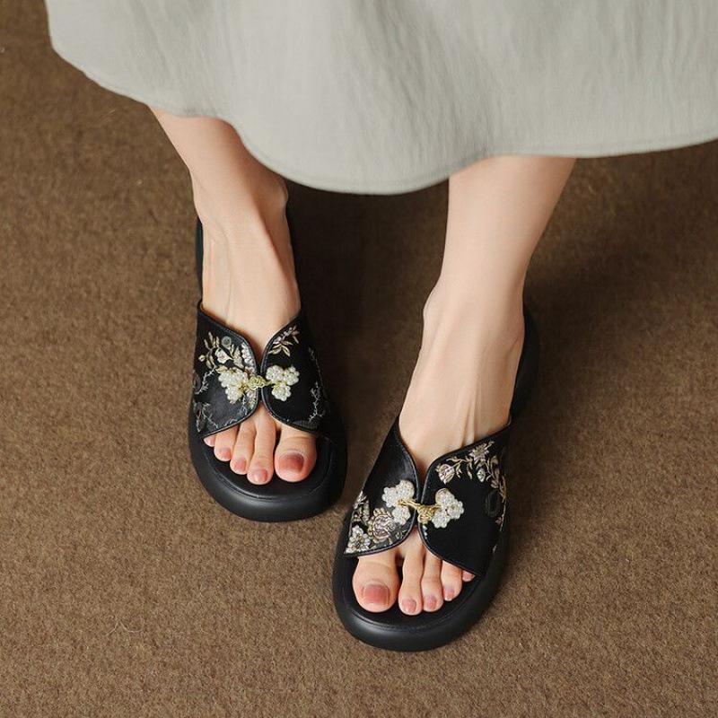 New National Style Chinese Soft Leather Open-toed Half-tow Thick-soled Thick-heeled Versatile Cool Slippers Women Wear One-word with High-heeled Sand
