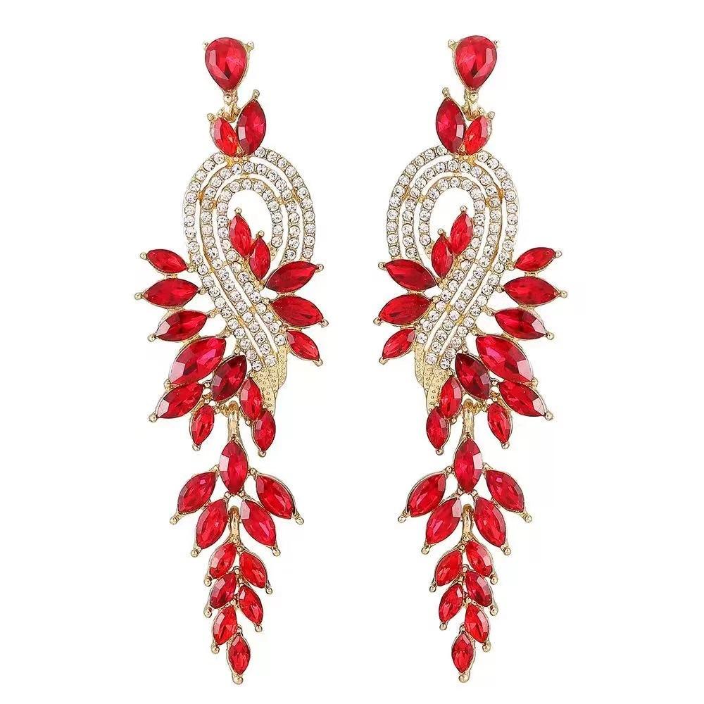 Water Droplet Shaped Retro Long Leaf Tassel Alloy Diamond Inlaid Elegant Temperament Earrings
