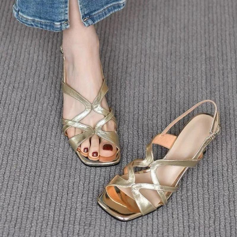 New Buckle Strap Women's Sandals Fashionable Formal Women's Square Toe Stiletto Heels Solid Color Elegant Sandals