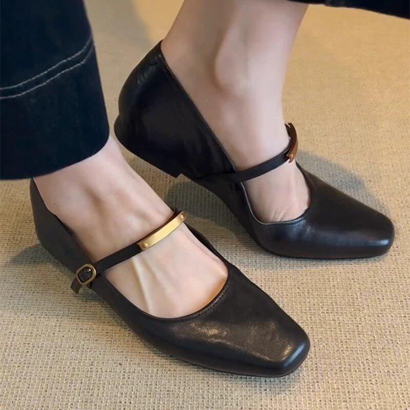 Fashion Mary Jane Shoes Female Genuine Leather New Style Luxury Ballet Shoes Women Square Toe Flat Cowhide Ladies Shoes Zapatos Mujer