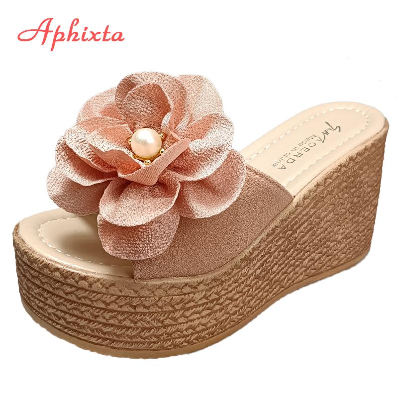 Fashion Aphixta 9cm Heels Slides Pearl Crystals Appliques Shoes Woman Slippers Flip Flops Wedge Heel Platform Woman Beach Zapatos Mujer